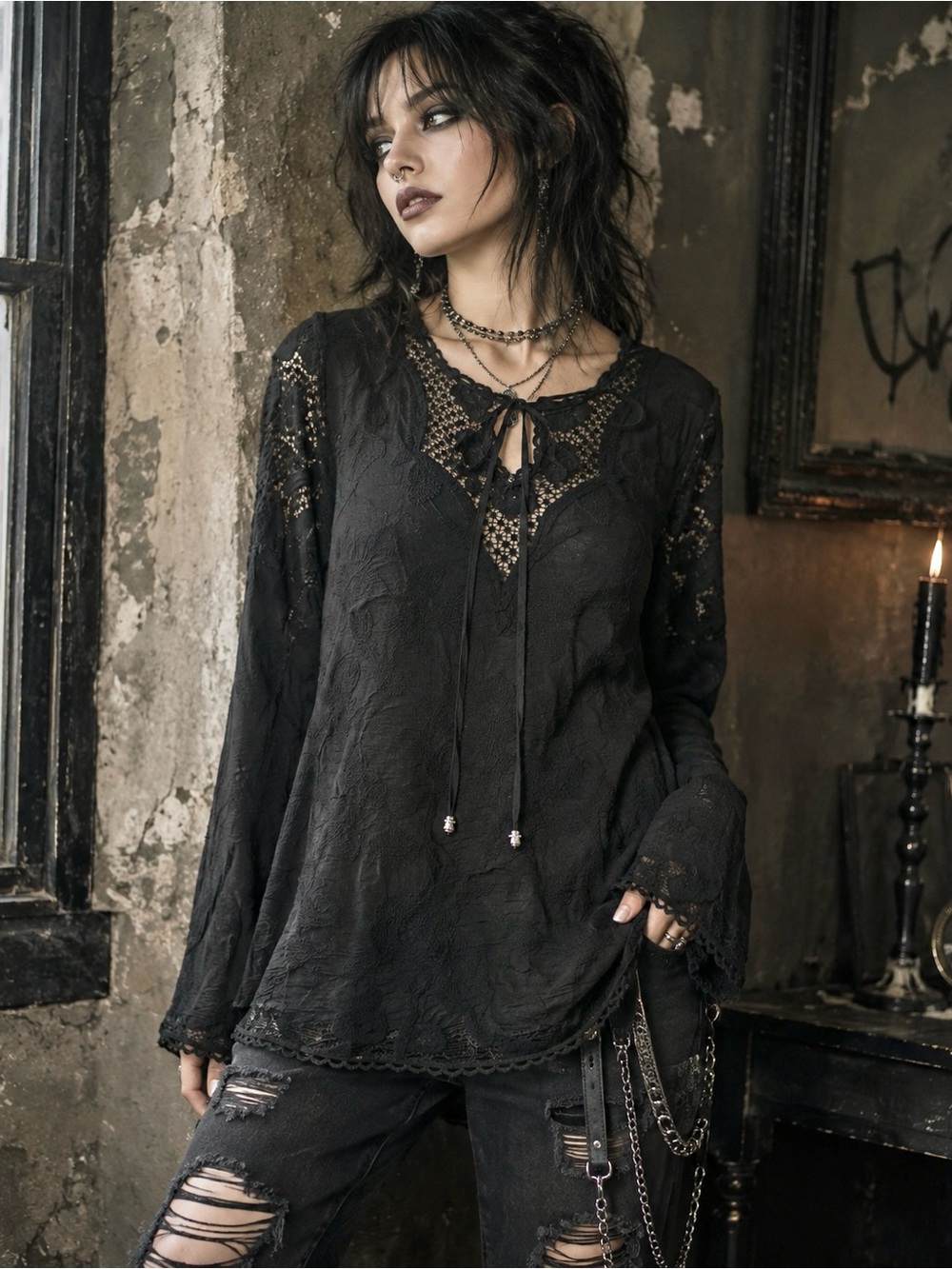 V Cristina Long Sleeve Crochet Accented Top Goth Grunge Boho Whimsical Moody